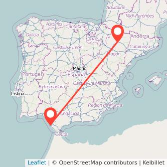 Mapa del viaje Huesca Cádiz en tren