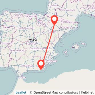 Mapa del viaje Huesca Almería en tren
