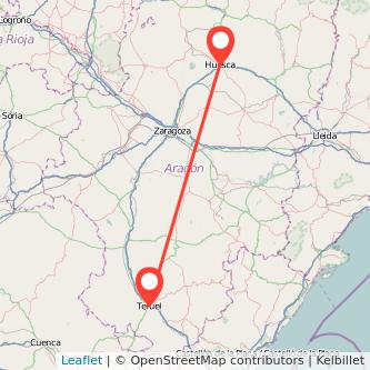 Mapa del viaje Huesca Teruel en tren