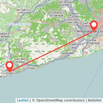 Mapa del viaje L'Hospitalet de Llobregat Vilanova i la Geltrú en tren