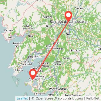 Mapa del viaje O Grove Santiago de Compostela en bus