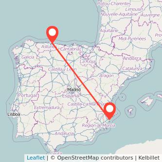 Mapa del viaje Gijón Alicante en tren