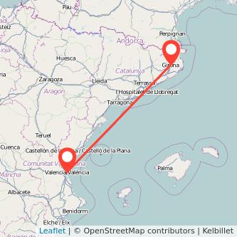 Mapa del viaje Girona Valencia en bus