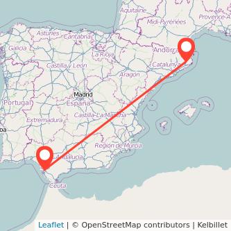 Mapa del viaje Girona Jerez de la Frontera en tren