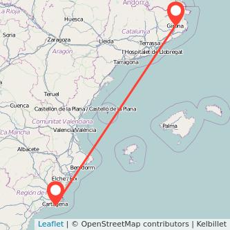 Mapa del viaje Girona Cartagena en tren