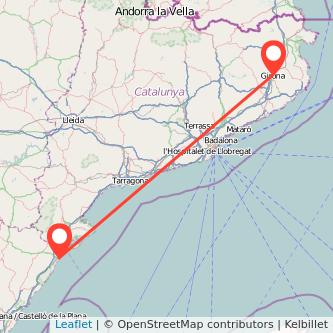 Mapa del viaje Girona Vinaròs en tren