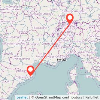 Mapa del viaje Girona Zúrich en tren