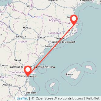 Mapa del viaje Figueres Valencia en tren