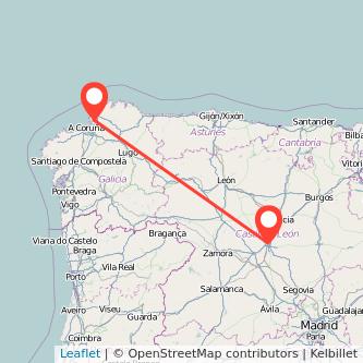 Mapa del viaje Ferrol Valladolid en tren