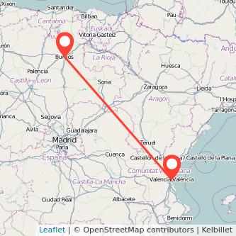 Mapa del viaje Burgos Valencia en tren