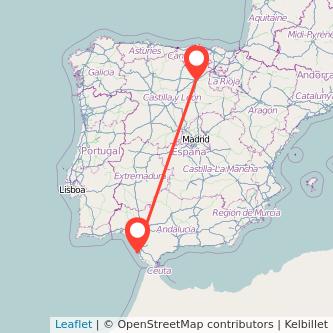 Mapa del viaje Burgos Cádiz en tren
