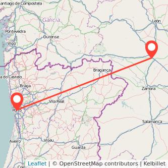 Mapa del viaje Benavente Oporto en bus