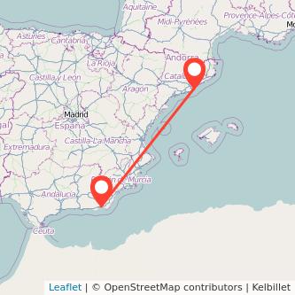 Mapa del viaje Barcelona Almería en tren