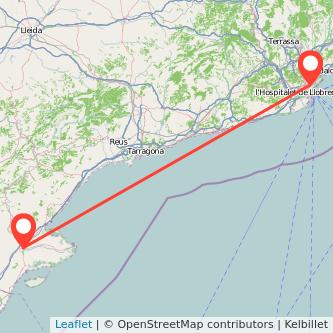 Mapa del viaje Barcelona Amposta en tren