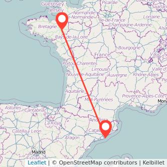 Mapa del viaje Barcelona Rennes en bus