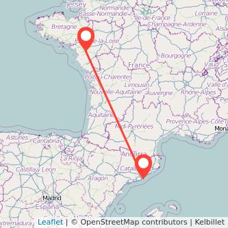 Mapa del viaje Barcelona Nantes en bus