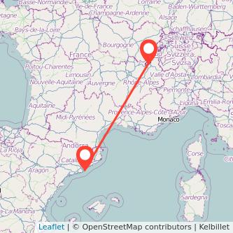 Mapa del viaje Barcelona Ginebra en tren