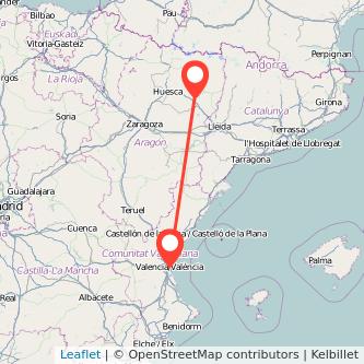 Mapa del viaje Barbastro Valencia en bus