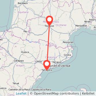 Mapa del viaje Toulouse Tarragona en bus