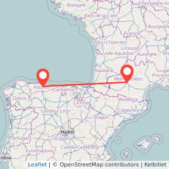 Mapa del viaje Toulouse Oviedo en bus