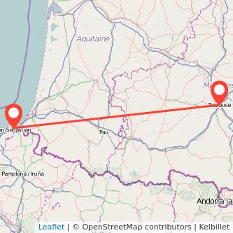 Mapa del viaje Toulouse Irún en tren