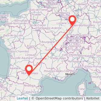 Mapa del viaje Toulouse Estrasburgo en tren