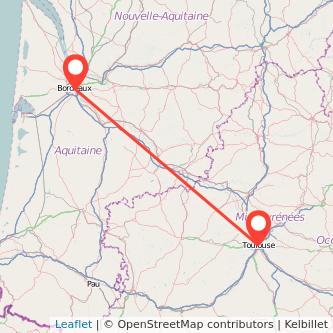 Mapa del viaje Toulouse Burdeos en tren