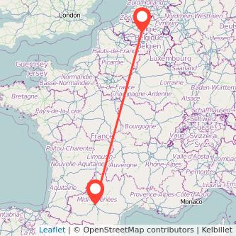 Mapa del viaje Toulouse Bruselas en tren