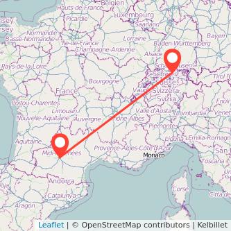 Mapa del viaje Toulouse Zúrich en tren