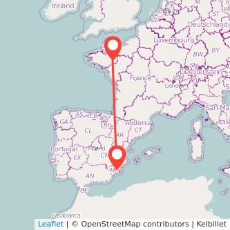Mapa del viaje Rennes Murcia en bus