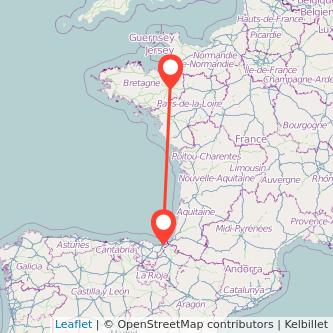 Mapa del viaje Rennes San Sebastián en bus