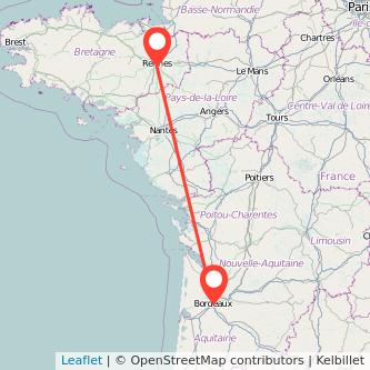 Mapa del viaje Rennes Burdeos en bus