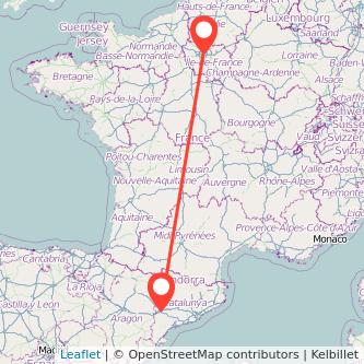 Mapa del viaje París Lérida en bus