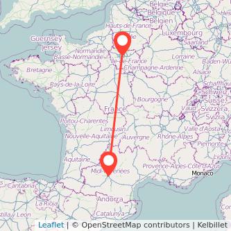 Mapa del viaje París Toulouse en tren