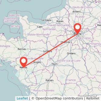 Mapa del viaje París Nantes en bus