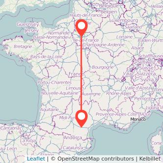 Mapa del viaje París Carcasona en tren