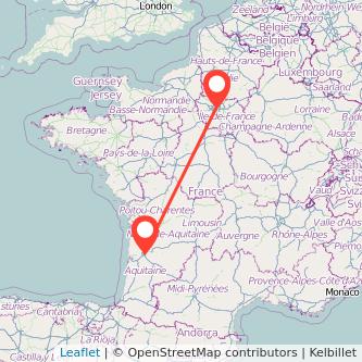 Mapa del viaje París Burdeos en tren
