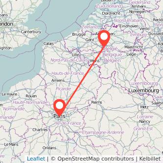 Mapa del viaje París Bruselas en tren