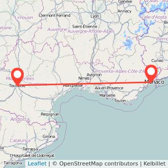 Mapa del viaje Niza Toulouse en bus