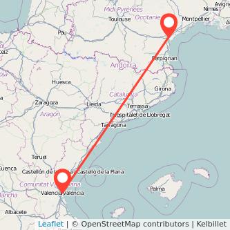 Mapa del viaje Narbonne Valencia en tren