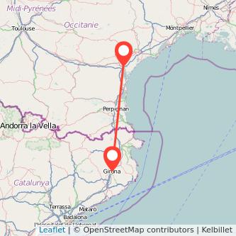 Mapa del viaje Narbonne Girona en tren