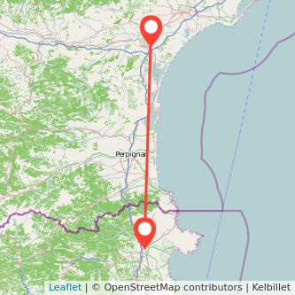 Mapa del viaje Narbonne Figueres en tren