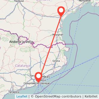 Mapa del viaje Narbonne Barcelona en tren