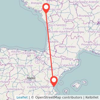 Mapa del viaje Nantes Valencia en bus