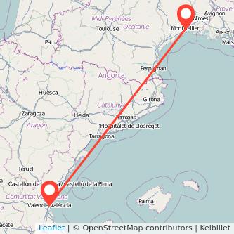 Mapa del viaje Montpellier Valencia en tren