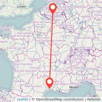Mapa del viaje Montpellier Bruselas en tren