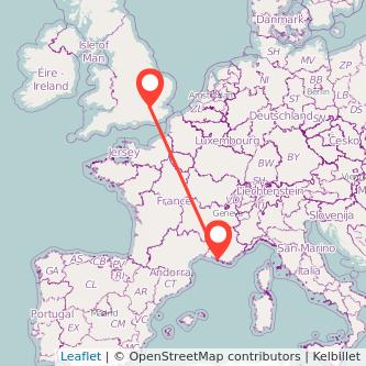 Mapa del viaje Marseille Londres en tren