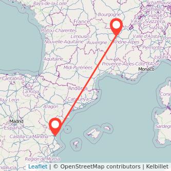 Mapa del viaje Lyon Valencia en tren