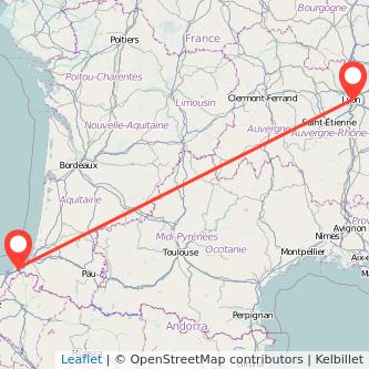 Mapa del viaje Lyon Hendaya en tren