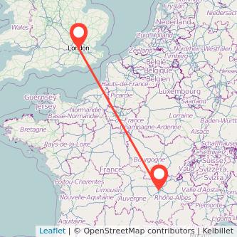 Mapa del viaje Lyon Londres en tren